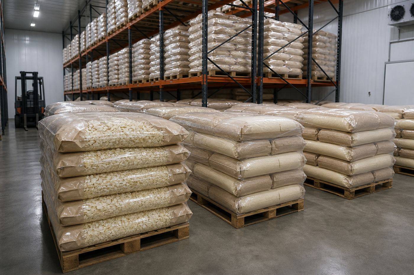 Palletized dehydrated onion bags stored in a climate-controlled export warehouse