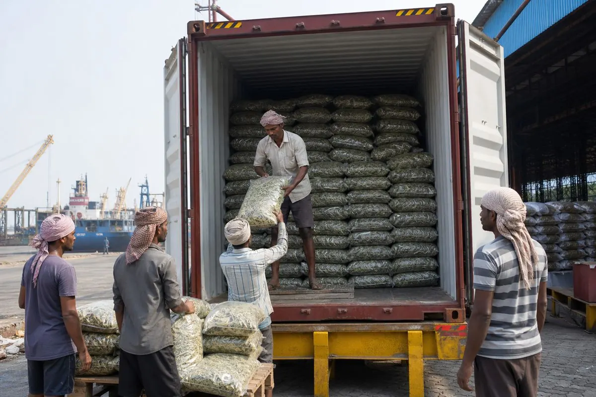 Workers stuffing a 20-foot shipping container with bagged dried vegetables at an Indian export dock