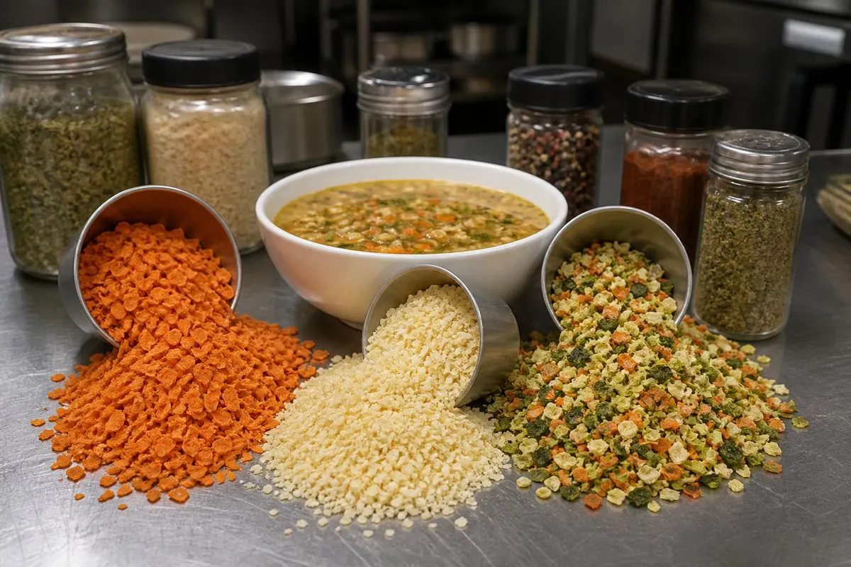 Dried carrot flakes, potato granules, and mixed vegetables used in soup mix and seasoning applications