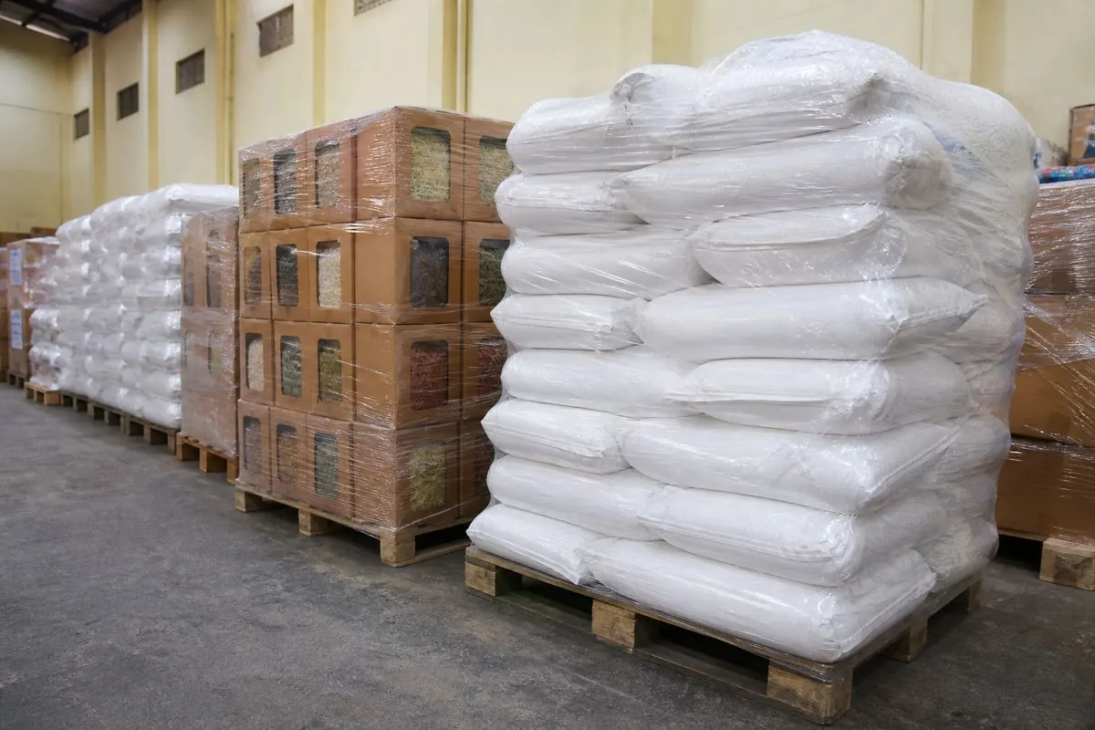 Palletised 25 kg food-grade bags and cartons of dried vegetables ready for ocean export from India