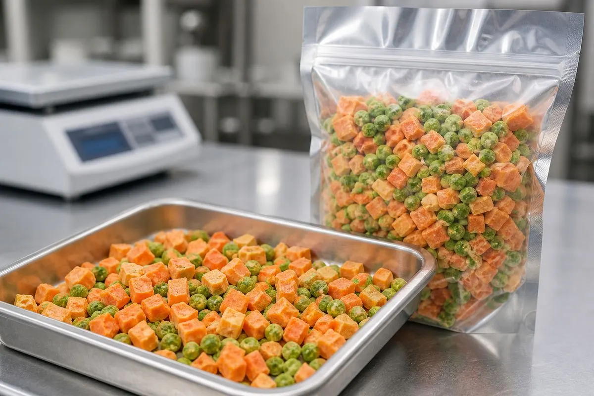 Premium freeze-dried carrot cubes and green peas in a sample tray next to nitrogen-flushed retail pouch