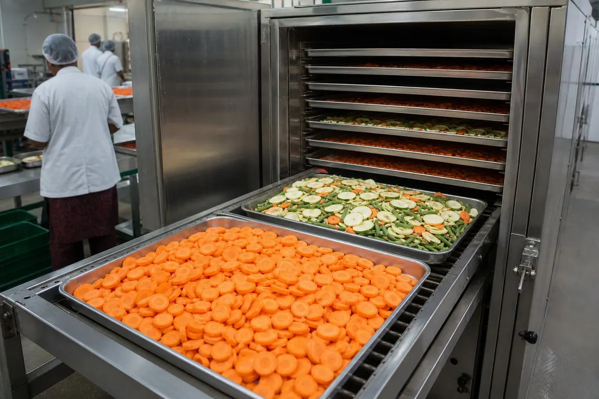 Sliced carrots and mixed vegetables on stainless trays loading into a hot-air dehydrator in an Indian processing plant
