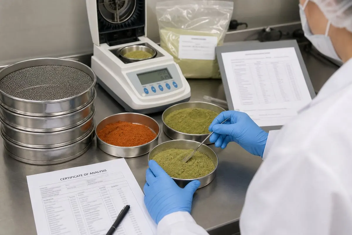 Lab technician testing dried vegetable powder moisture and mesh with Certificate of Analysis paperwork