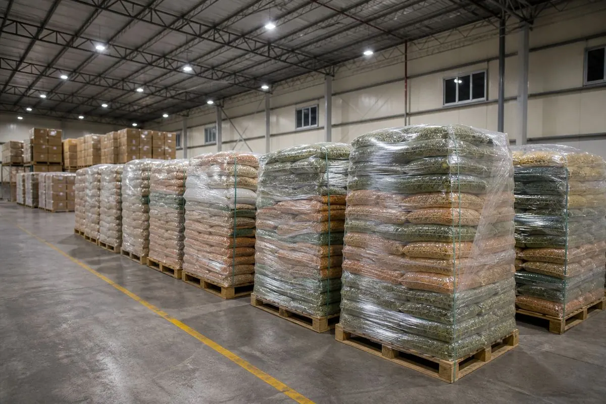 Dry Indian food export warehouse with stretch-wrapped pallets of bagged dried vegetables