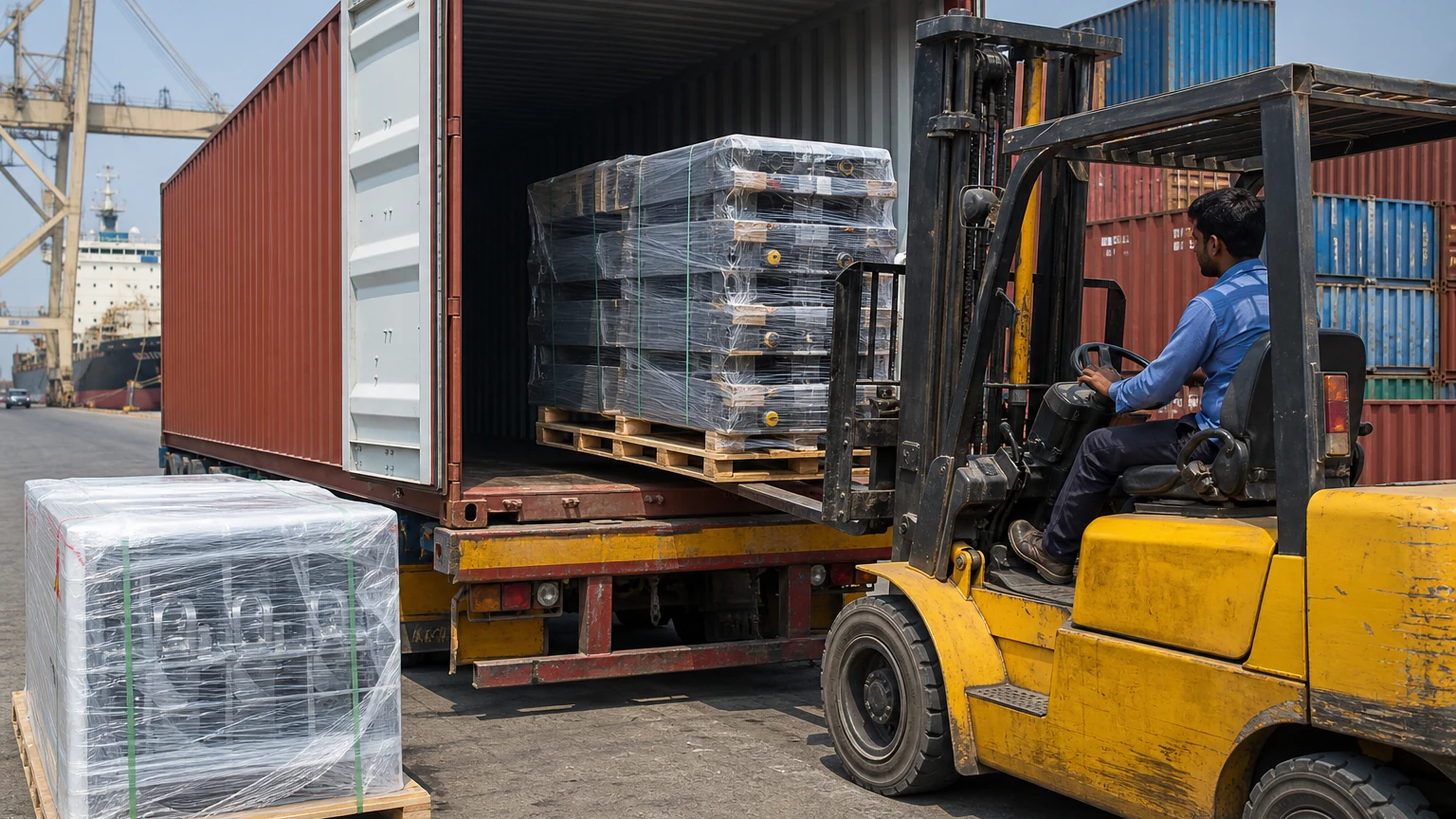 Forklift stuffing stretch-wrapped engineering component pallets into an open shipping container at an Indian port yard