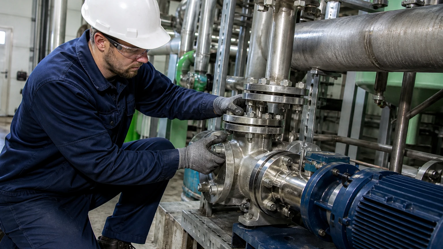 Technician installing an industrial valve and pump assembly on plant process piping in an MRO service bay