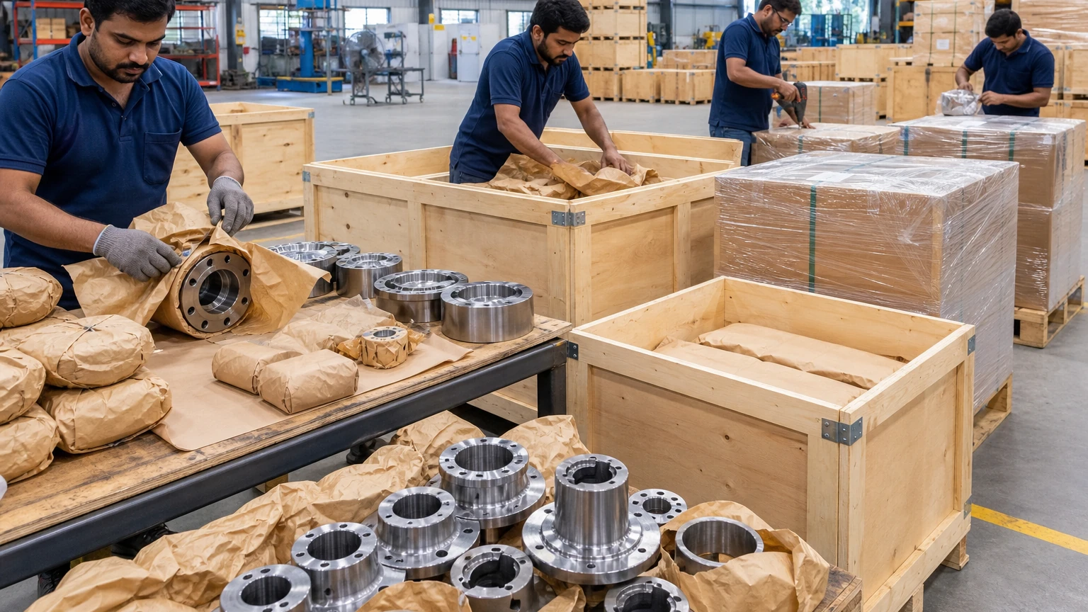 Workers wrapping machined engineering parts in VCI paper and packing them into wooden crates and stretch-wrapped pallets for export