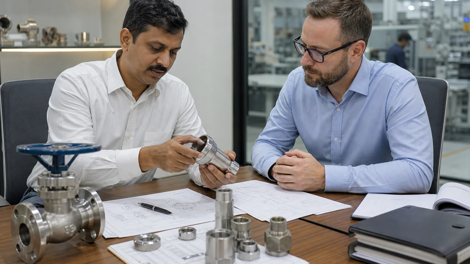 International buyer and Indian exporter reviewing engineering component samples, drawings, and export documents at a sourcing meeting