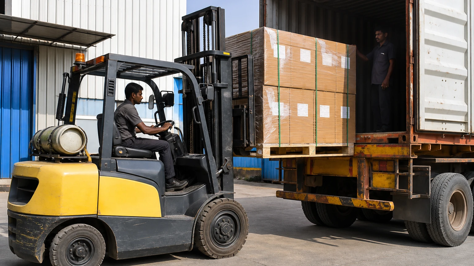Forklift loading palletized engineering component cartons onto a truck at an Indian factory export dock