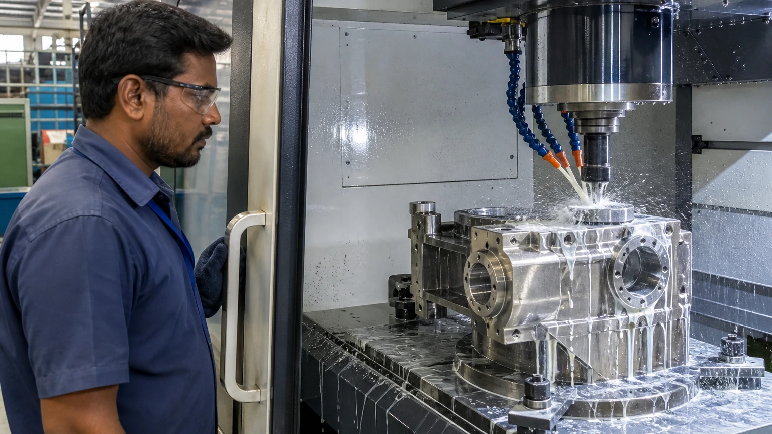 Technician monitoring a CNC milling machine cutting a precision engineering component with coolant spray in an Indian plant