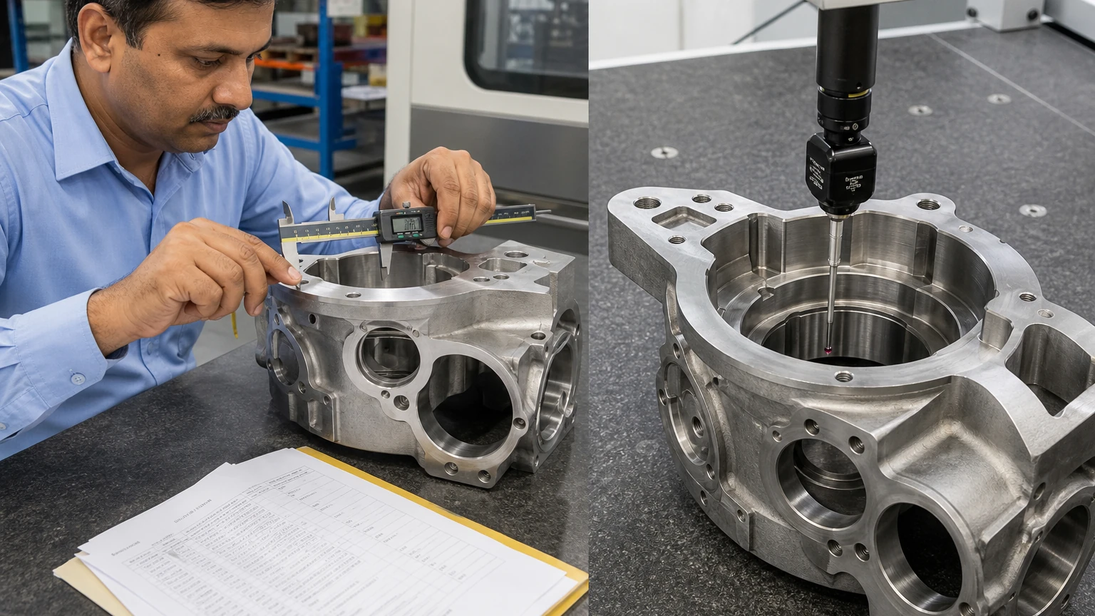 Quality inspector measuring a machined engineering casting with digital calipers and CMM probe beside inspection reports on a granite plate