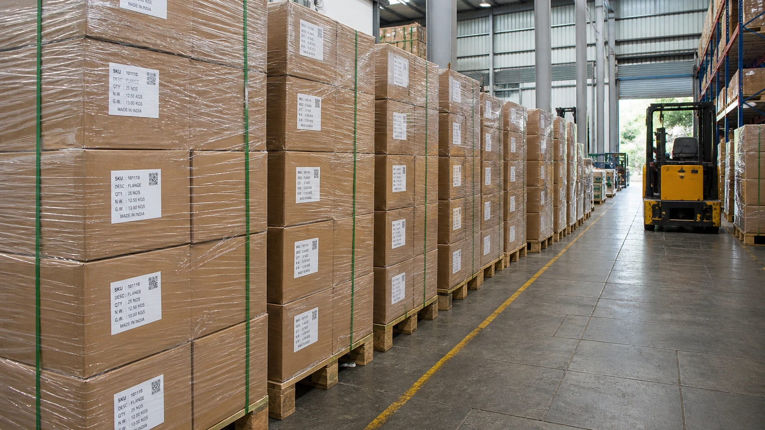 Palletized engineering component cartons staged in neat rows in a dry Indian export warehouse aisle ready for dispatch