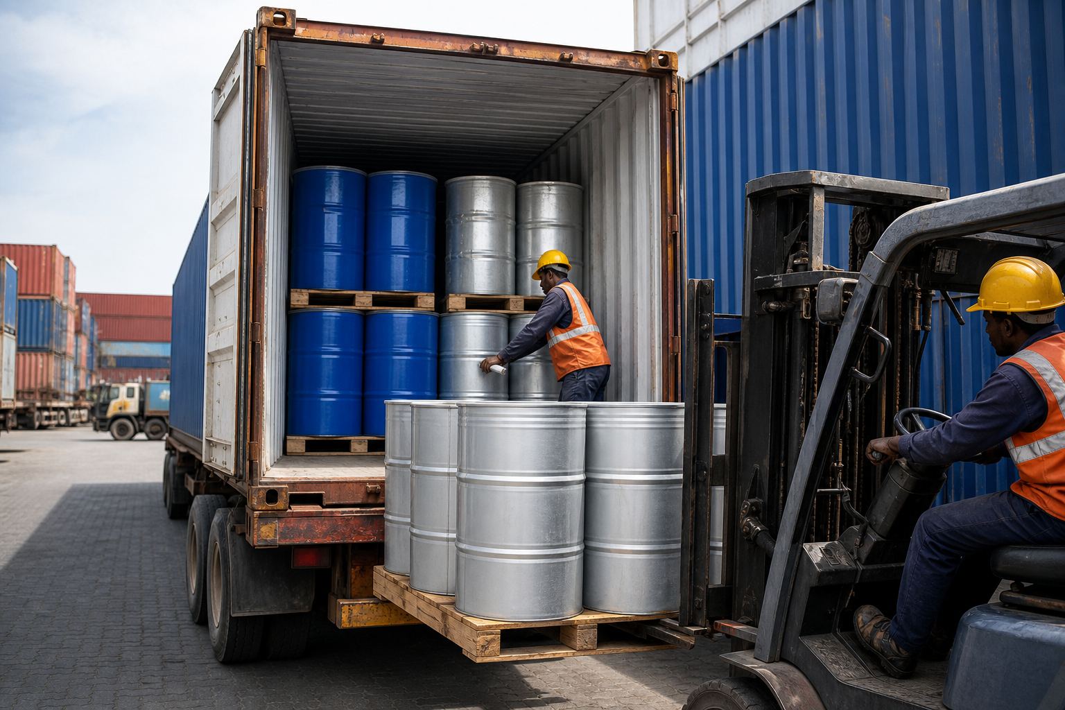 Workers stuffing palletized essential oil drums into a shipping container for FCL export from India