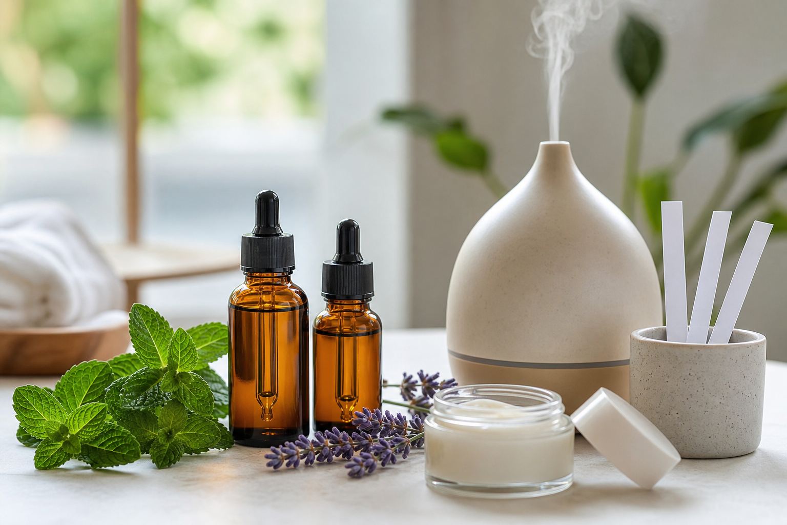 Amber essential oil dropper bottles beside an aroma diffuser and clean-beauty cream showing aromatherapy and cosmetics end uses