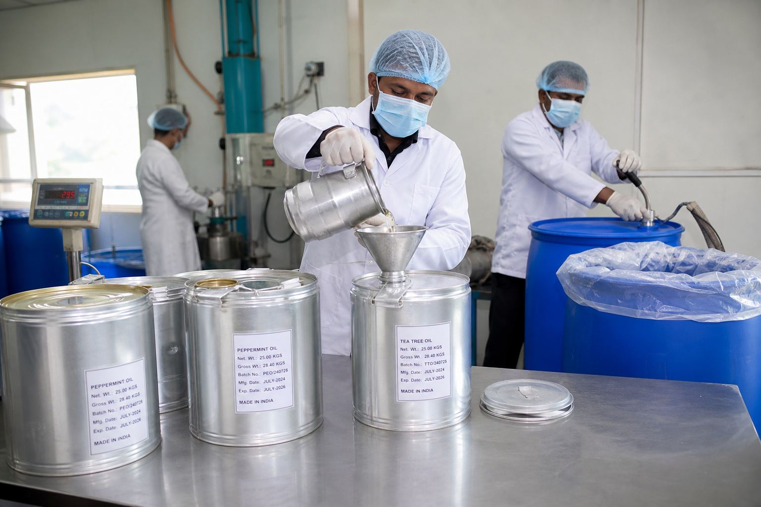 Workers filling and sealing aluminum and HDPE export drums with Indian essential oils on a packaging line