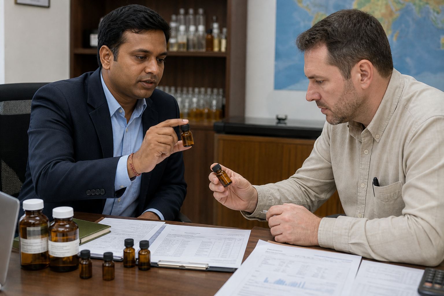 International buyer and Indian exporter reviewing sealed essential oil sample vials with GC-MS COA and shipping documents