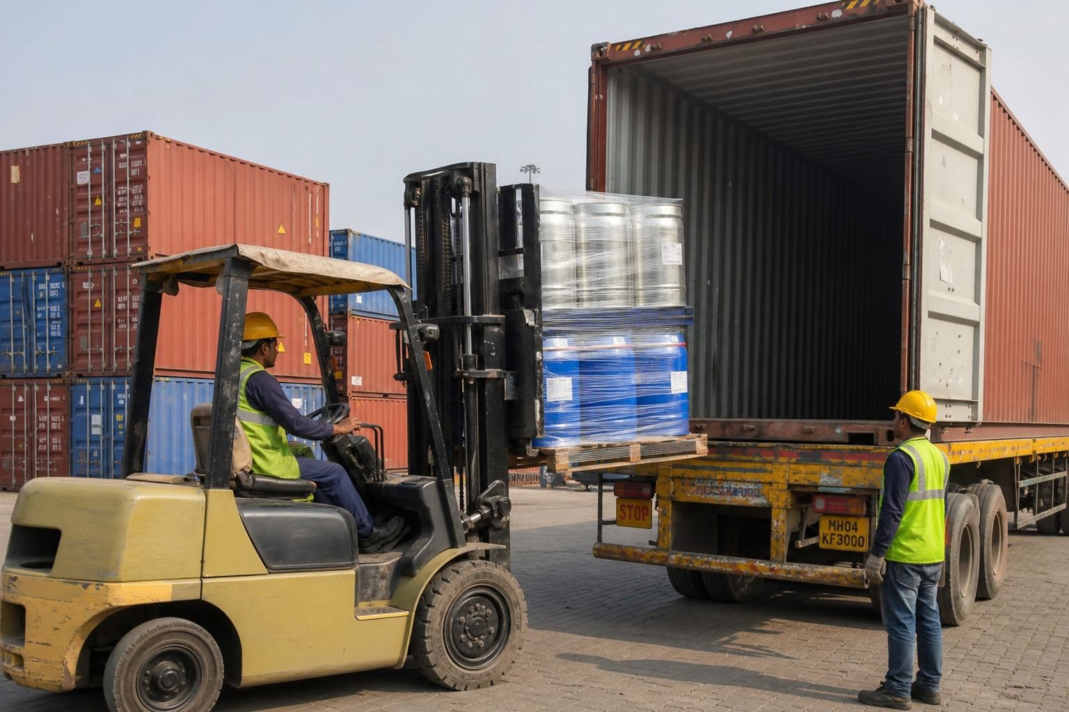 Forklift loading palletized essential oil drums onto an export truck at an Indian container freight station