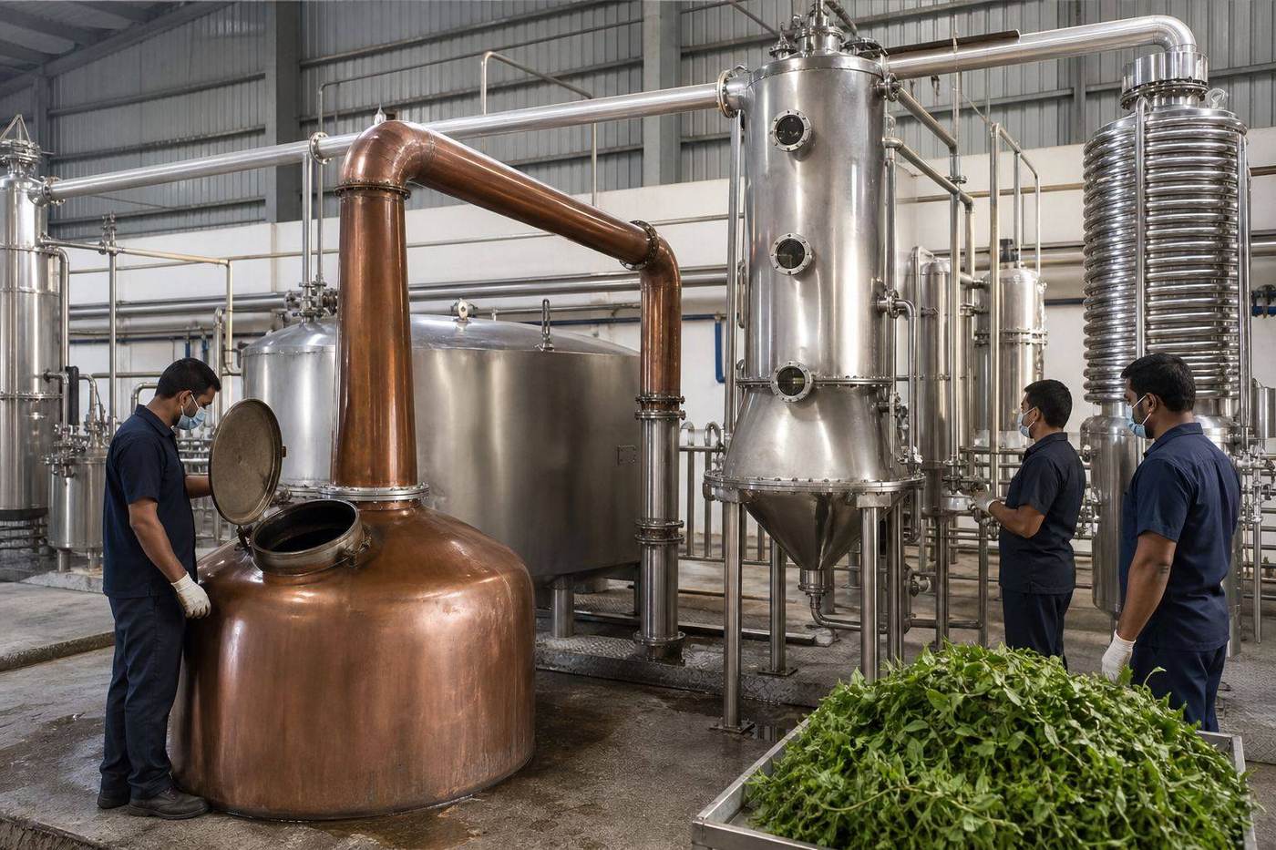 Operators monitoring stainless steel steam distillation stills processing botanical herbs in an Indian essential oil manufacturing plant