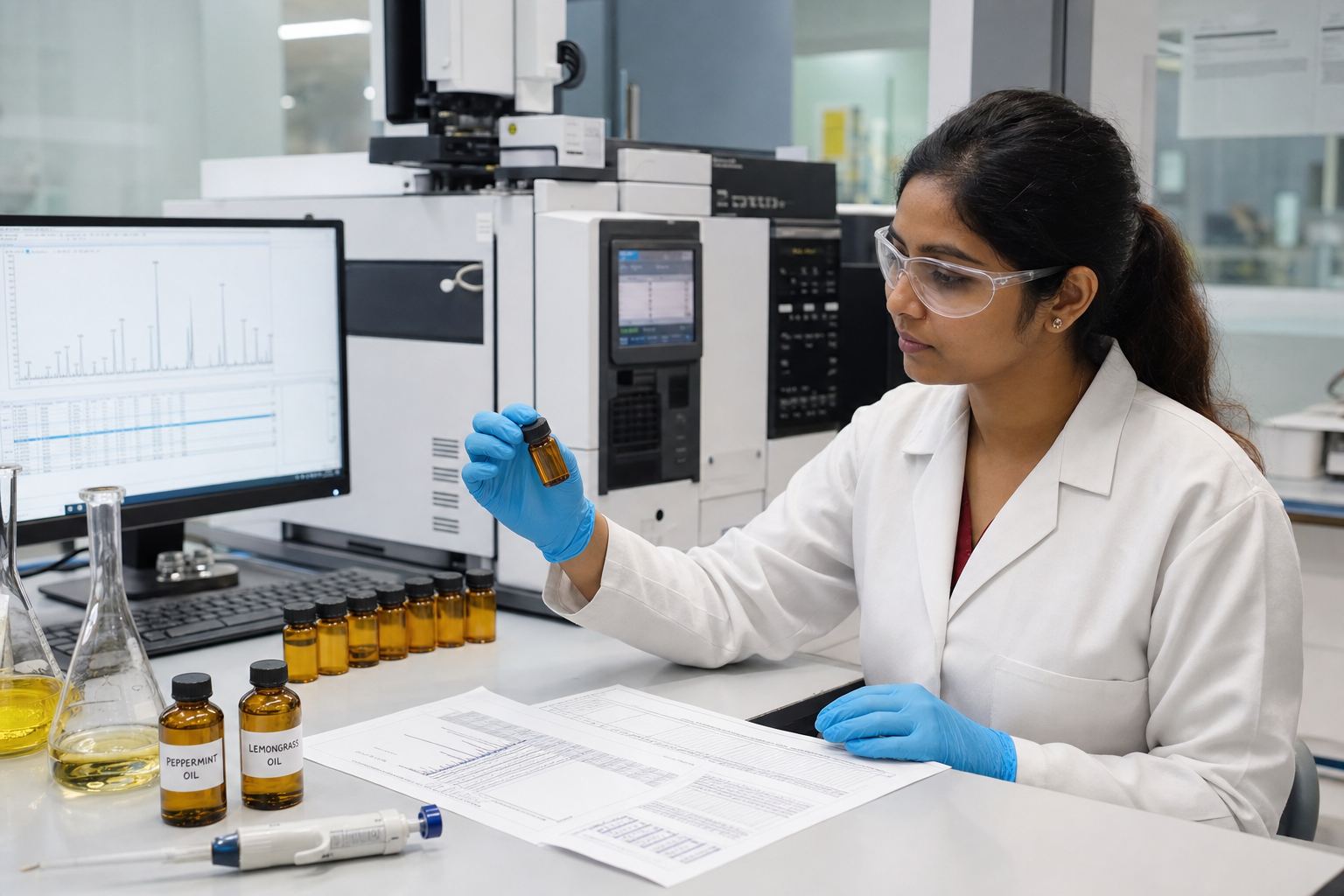 Laboratory analyst running GC-MS tests on amber essential oil vials for an export Certificate of Analysis