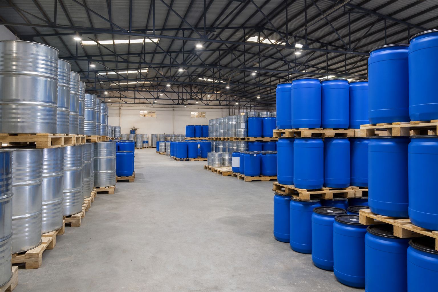 Palletized sealed aluminum and HDPE drums of Indian essential oils stored in organized export warehouse lanes