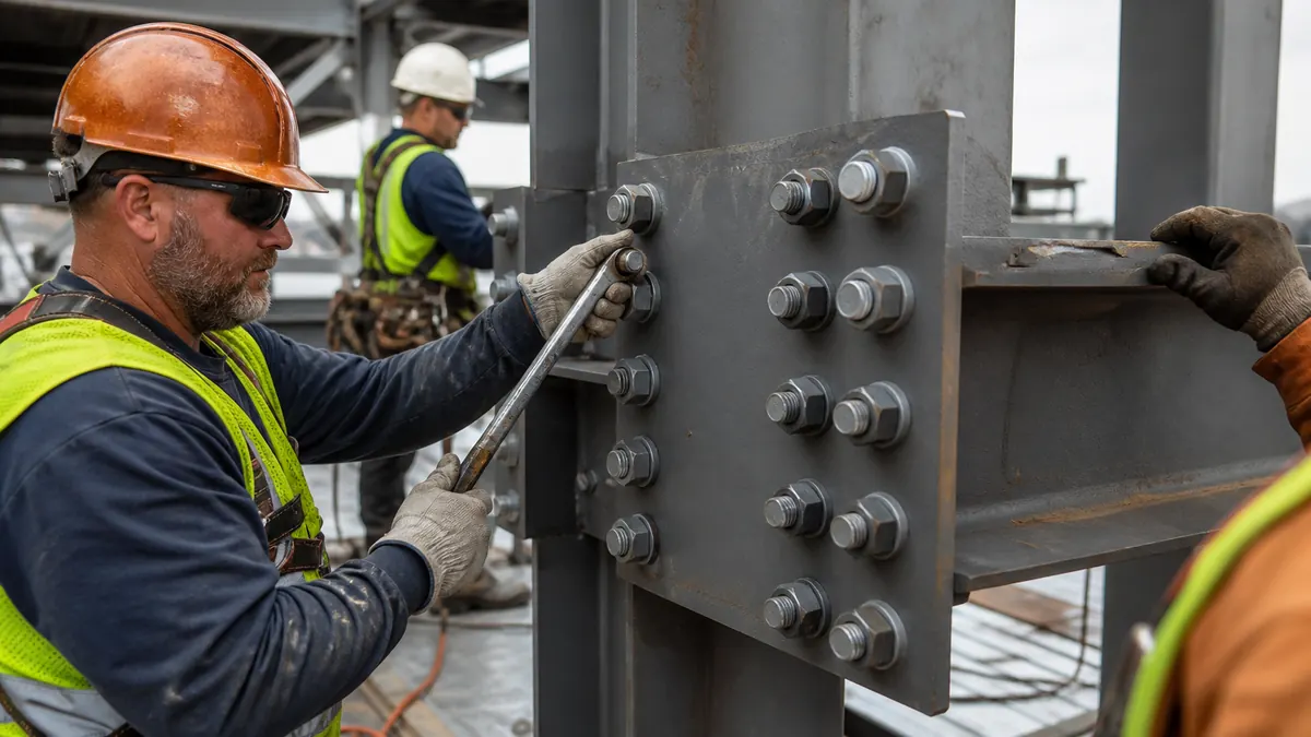 Construction workers tightening high-tensile hex bolts and nuts on a structural steel frame at a building site
