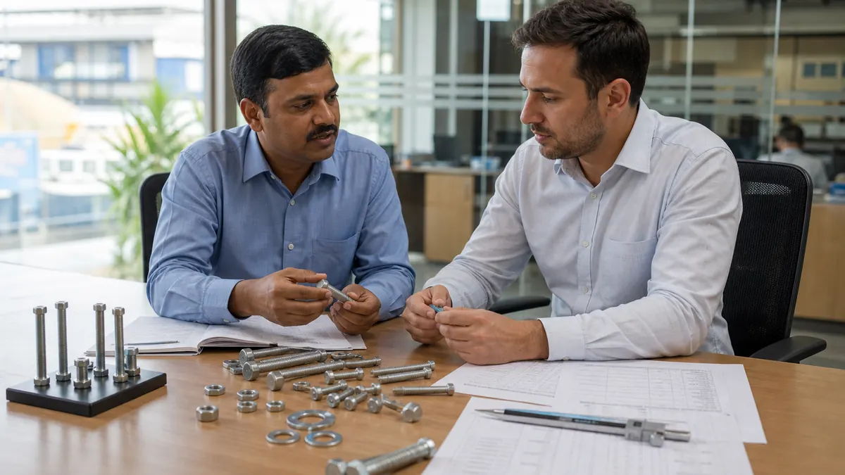International buyer and Indian merchant exporter reviewing fastener samples and specification documents at a sourcing meeting