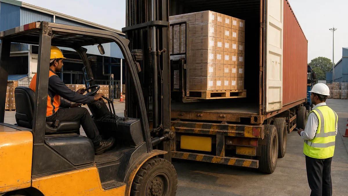 Forklift loading palletized fastener cartons onto a truck for inland haul to an Indian export port or ICD