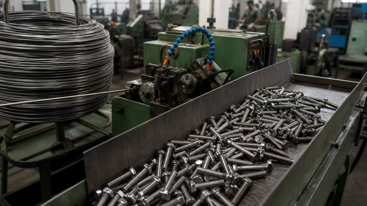 Cold-heading and thread-rolling production line forming steel bolts in an Indian industrial fastener plant