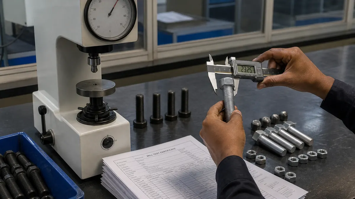 Quality inspector checking hex bolt hardness and dimensions with gauge and calipers beside mill test certificate documents