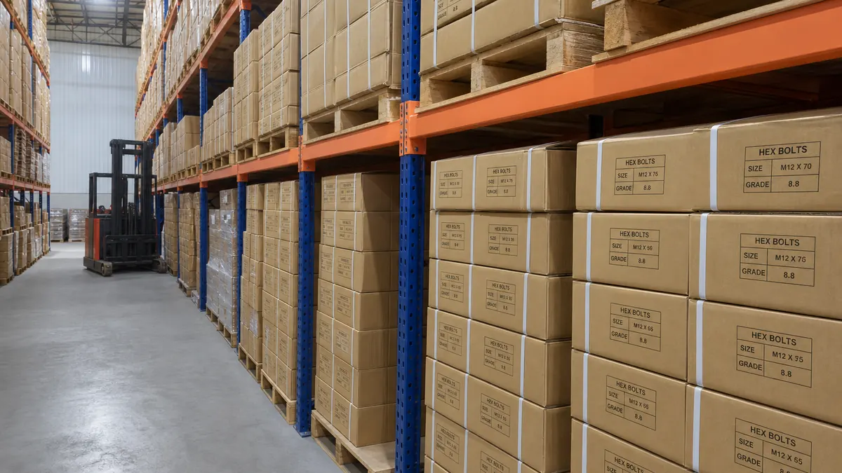 Palletized fastener SKU cartons staged in a dry Indian export warehouse aisle before port dispatch