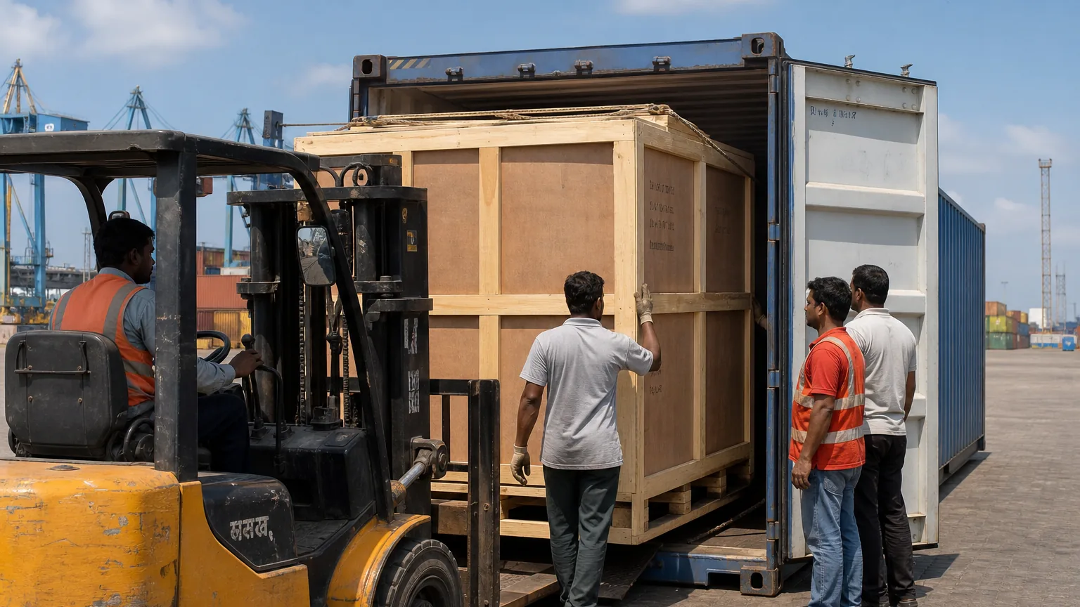 Workers stuffing crated food processing equipment into a shipping container at an Indian port yard for FCL export