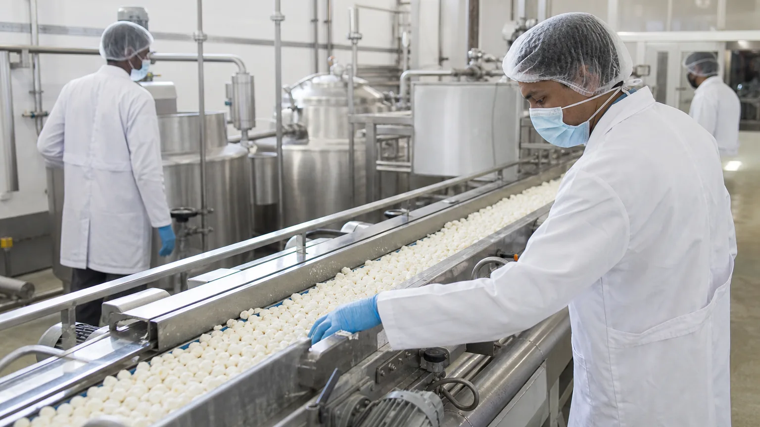 Operators in white coats running a stainless steel food processing line inside a clean commercial food plant