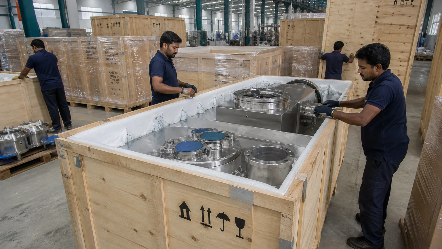 Workers packing stainless food machinery modules into seaworthy wooden export crates with desiccant and flange protection in an Indian factory