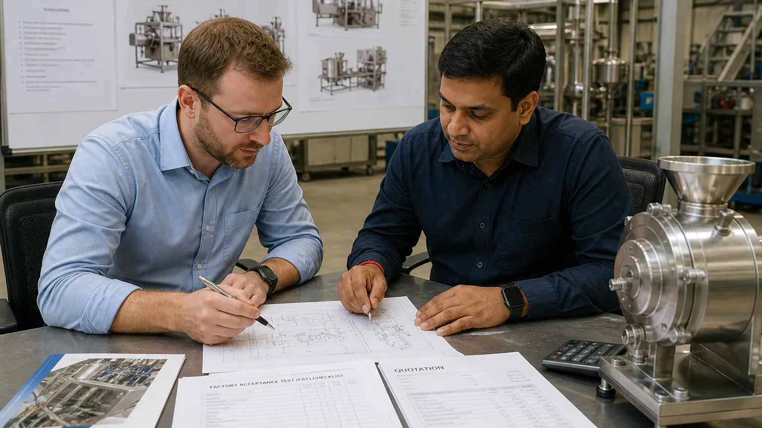 International buyer and Indian exporter reviewing food machinery drawings, FAT checklist, and quotation beside stainless equipment samples