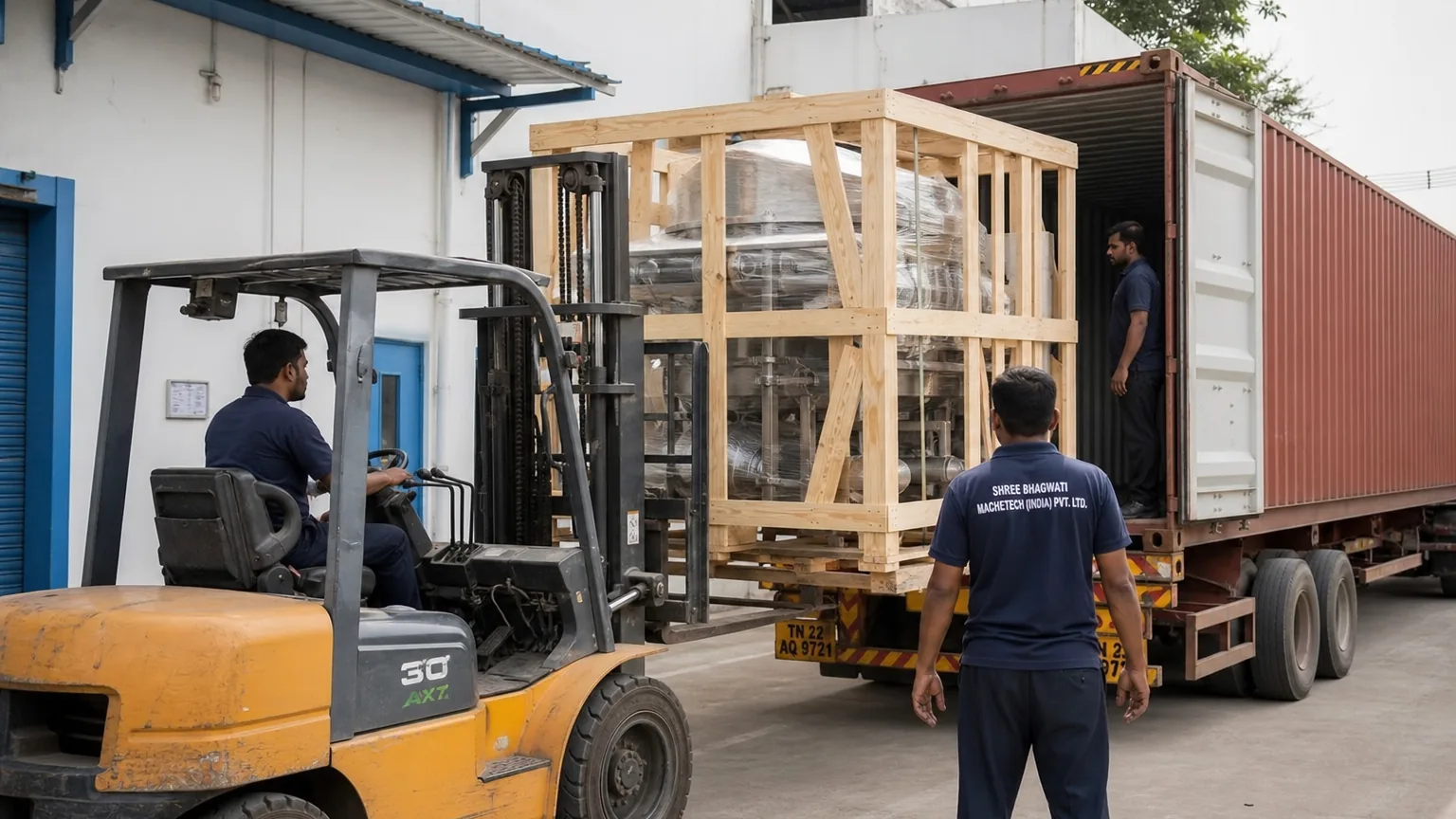 Forklift loading crated food processing equipment onto an export truck at an Indian factory loading dock