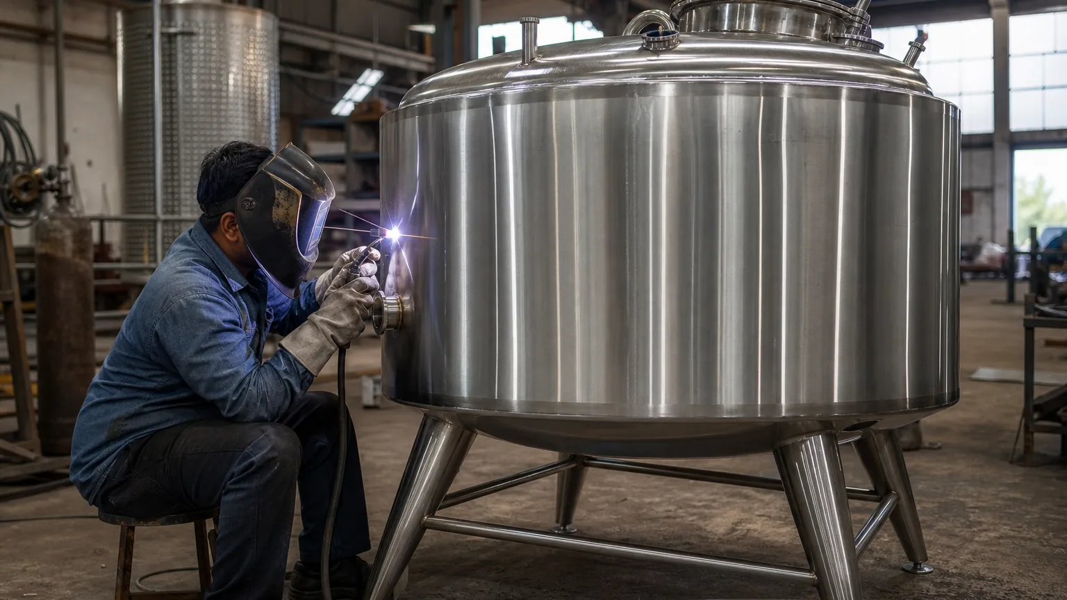 Welder fabricating a stainless steel food-grade process tank in an Indian food machinery workshop for export production