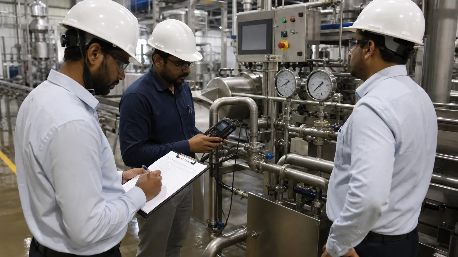 Engineers with hard hats running factory acceptance test on a stainless food processing line using clipboard and digital instruments