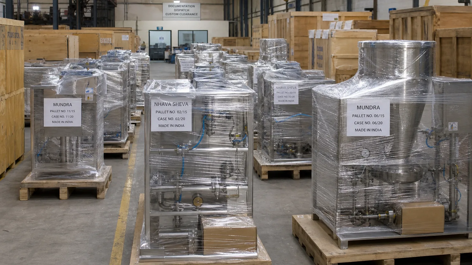 Palletized and crated food processing equipment modules staged in neat rows in an Indian export warehouse aisle ready for dispatch