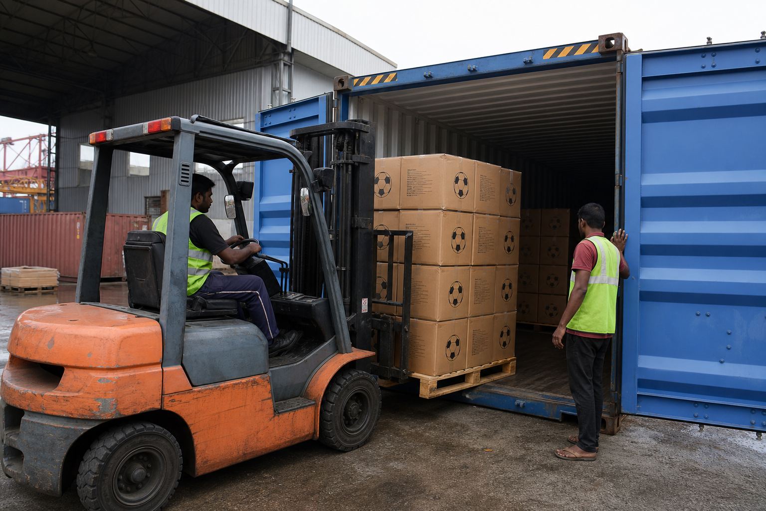 Forklift stuffing palletized cartons of Indian footballs into a shipping container for FCL export