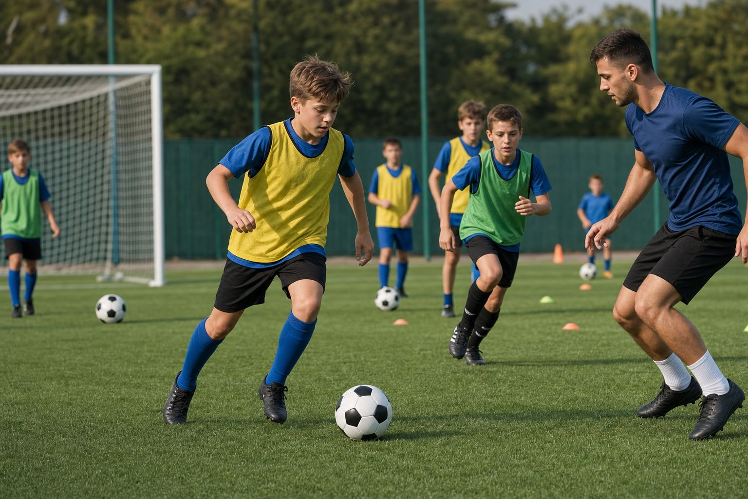Footballers training on a pitch with classic panel soccer balls showing training and match end-use applications