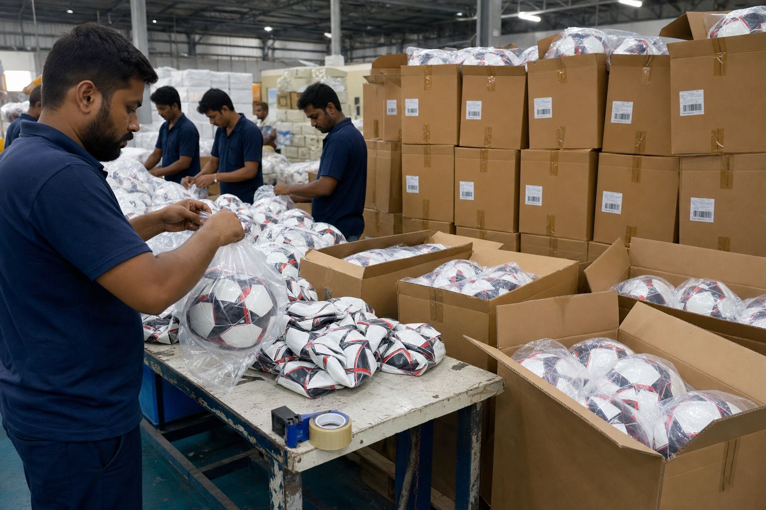 Workers packing deflated Indian footballs into poly bags and corrugated master cartons for export
