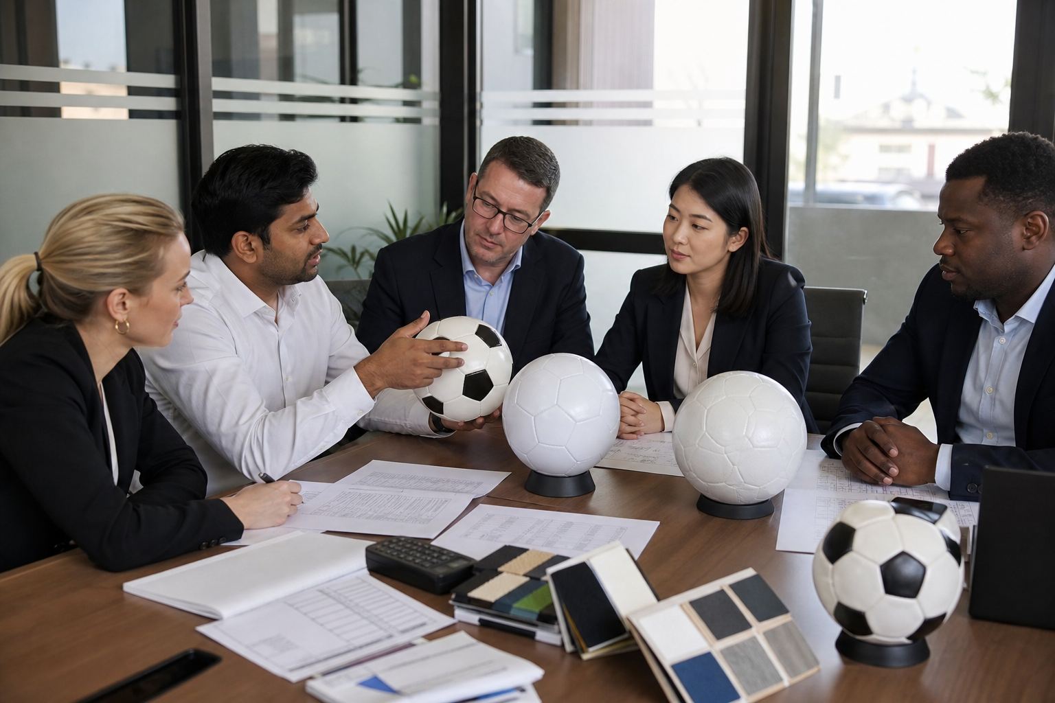 International buyers reviewing Indian football samples and export specification sheets with a sourcing partner