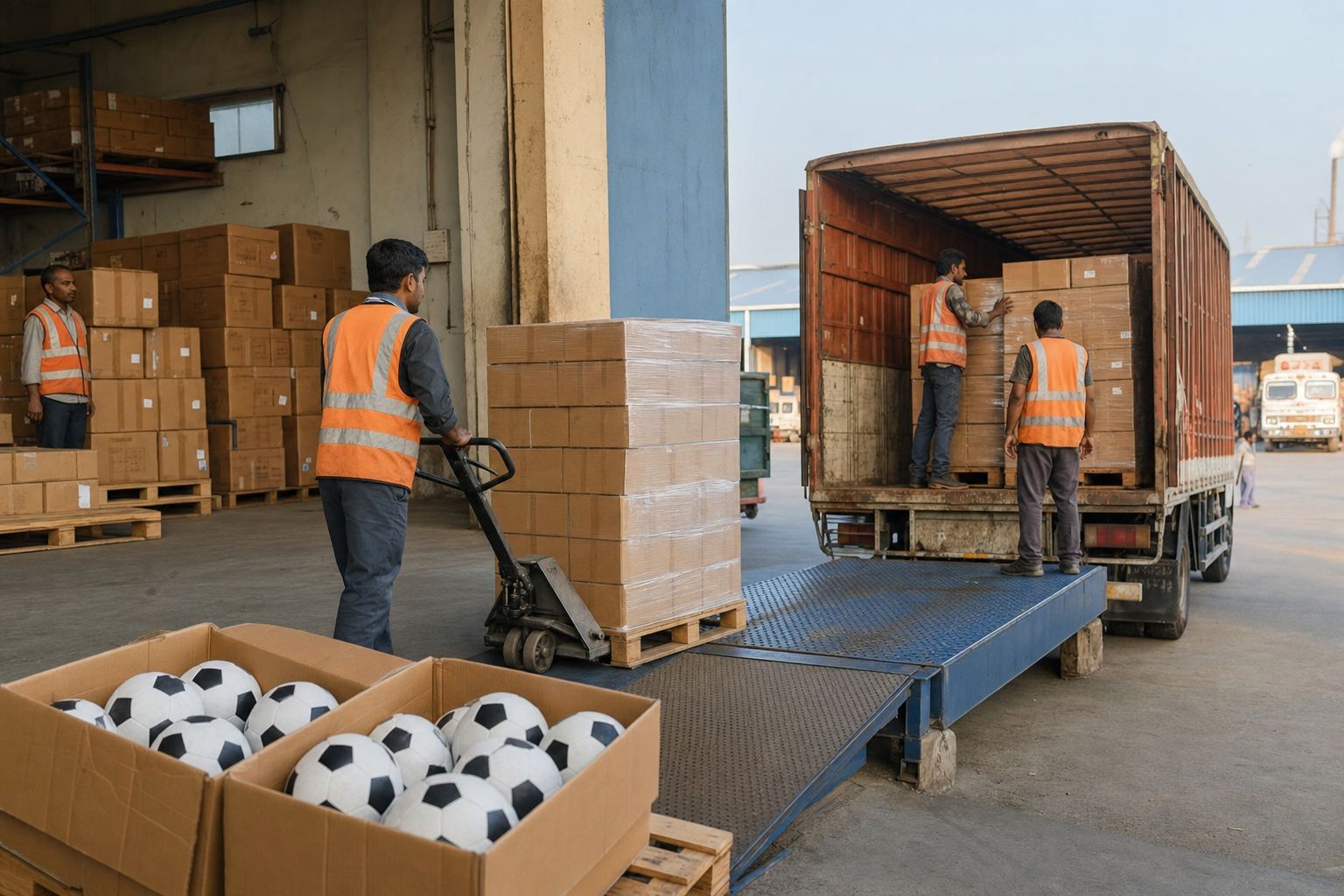 Workers loading palletized cartons of Indian footballs onto a truck at an export warehouse dock