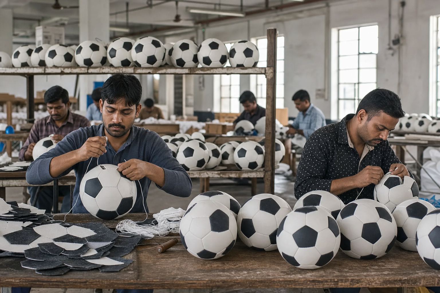 Workers hand-stitching export footballs (soccer balls) on workbenches in a Jalandhar sports goods factory