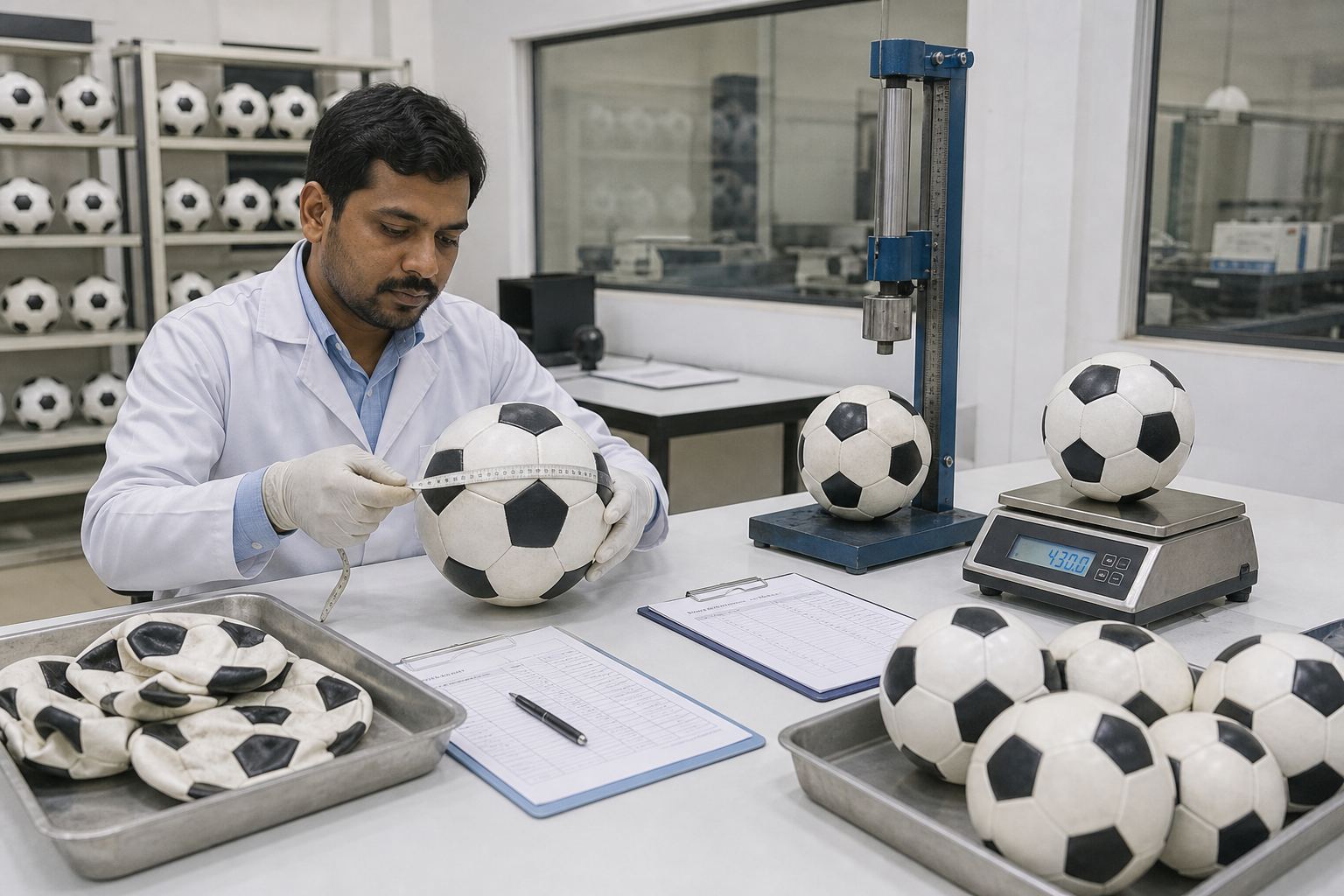 Quality inspector measuring football circumference, weight, and bounce samples for Indian export QC release