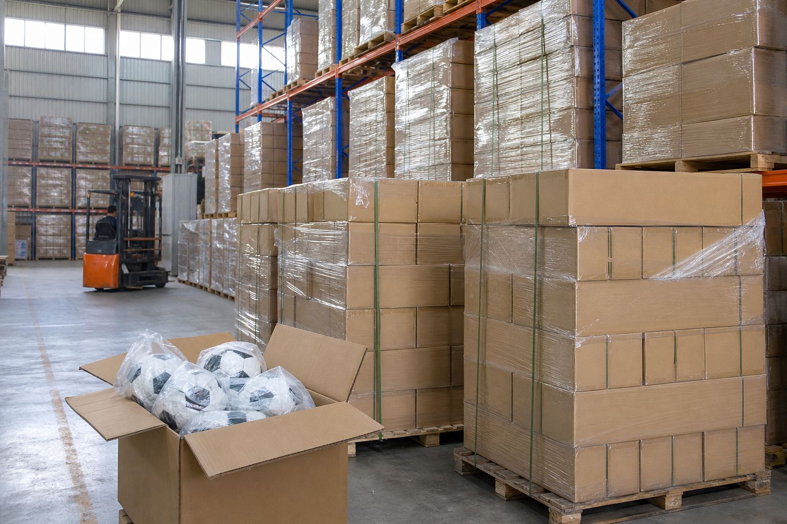 Palletized cartons of Indian export footballs staged in a dry sports goods warehouse with open sample carton