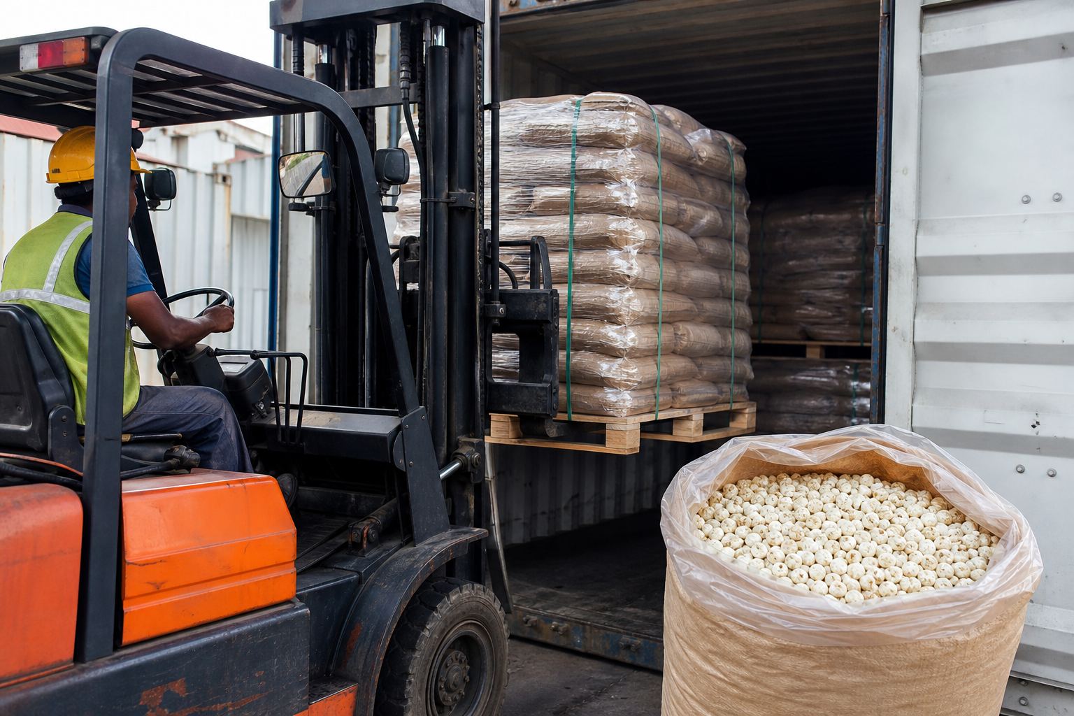 Forklift stuffing palletized kraft bags of Indian fox nuts (makhana) into a shipping container for FCL export