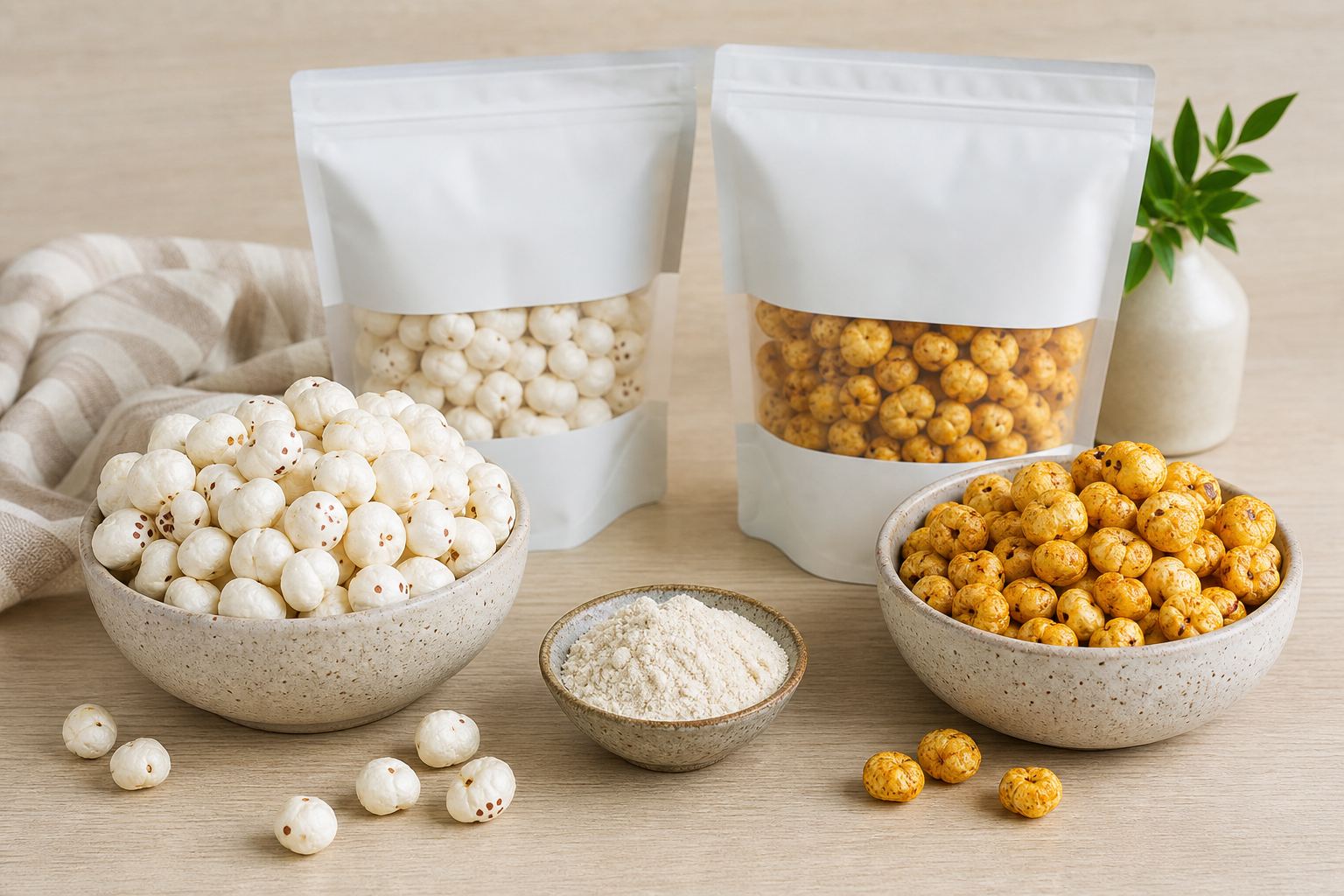 Bowls of plain and roasted fox nuts (makhana) with makhana flour and retail pouches showing healthy snack end uses