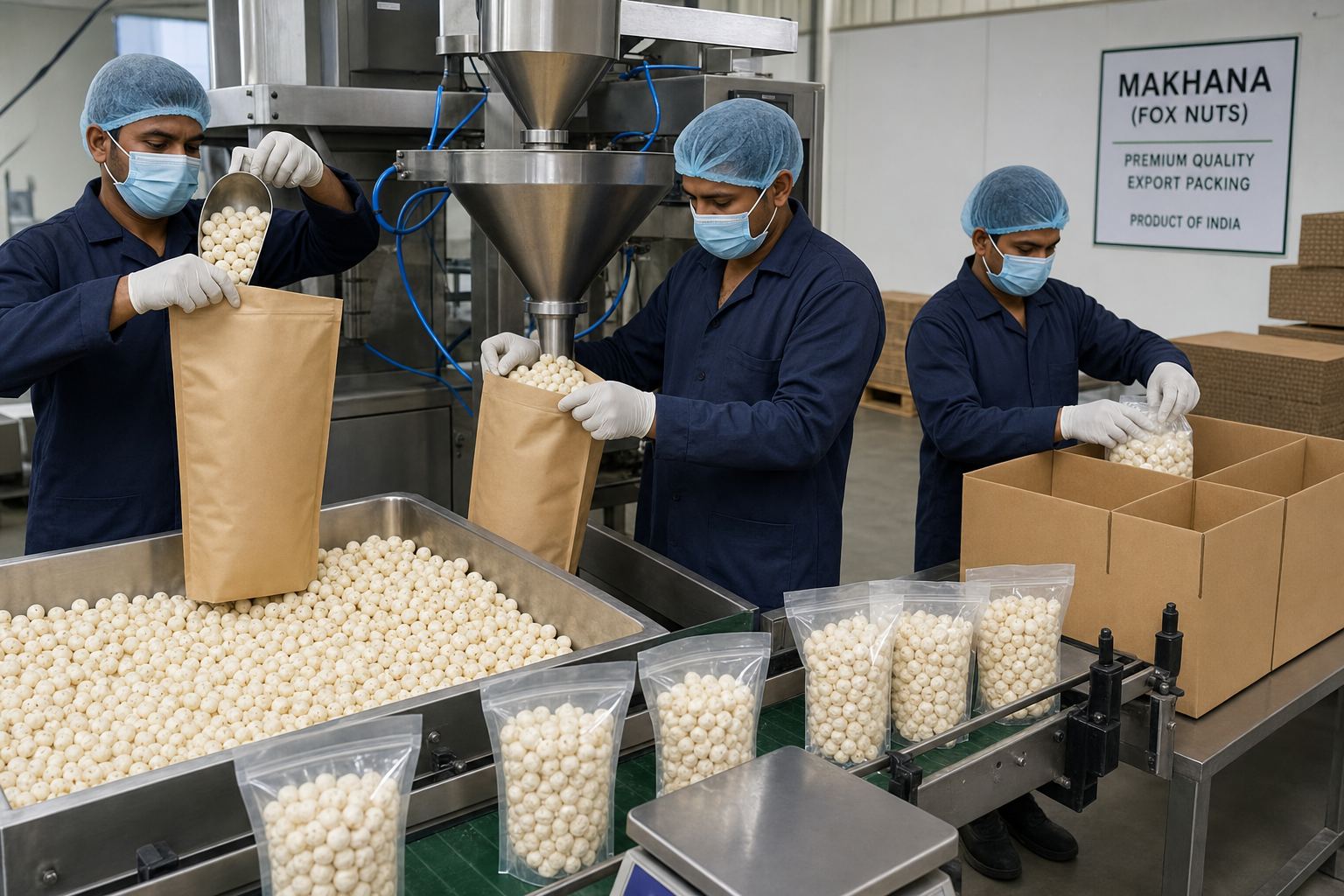 Export packaging line filling kraft bags, cartons, and retail pouches with Indian fox nuts (makhana)