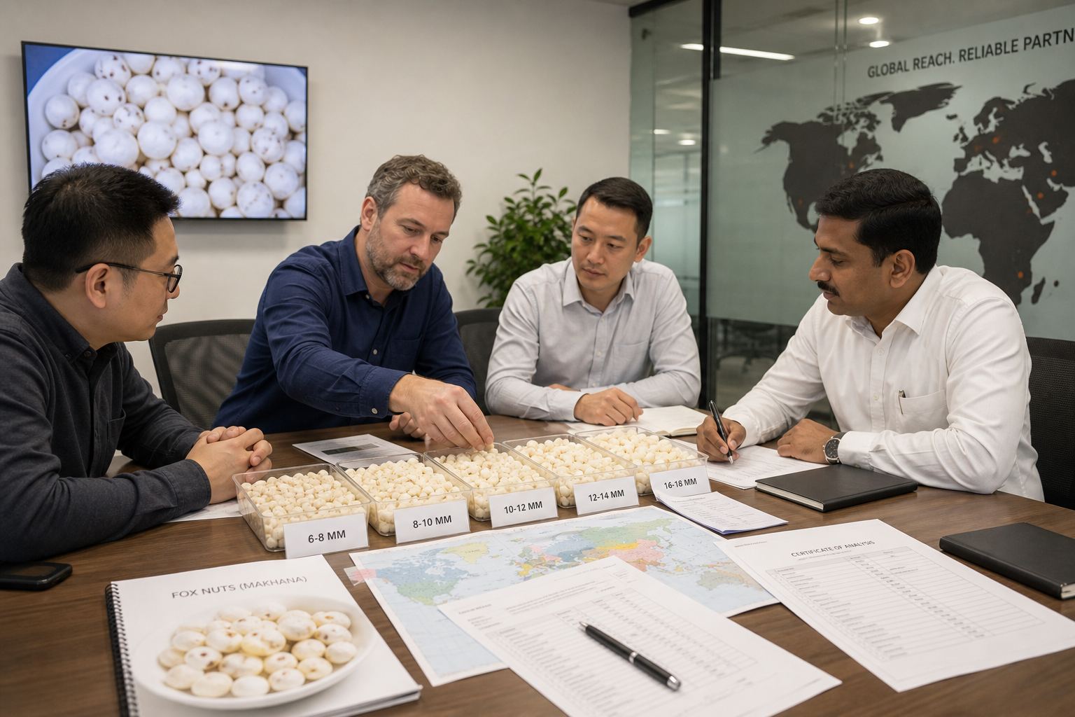 International buyers reviewing Indian fox nut (makhana) samples, size-grade notes, and COA documents with an export partner